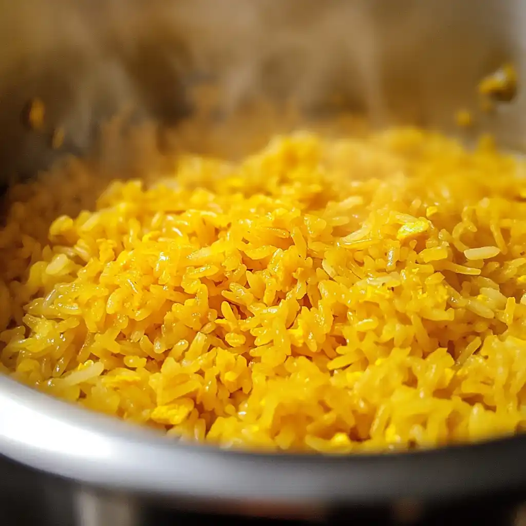 Turmeric rice cooking in pot