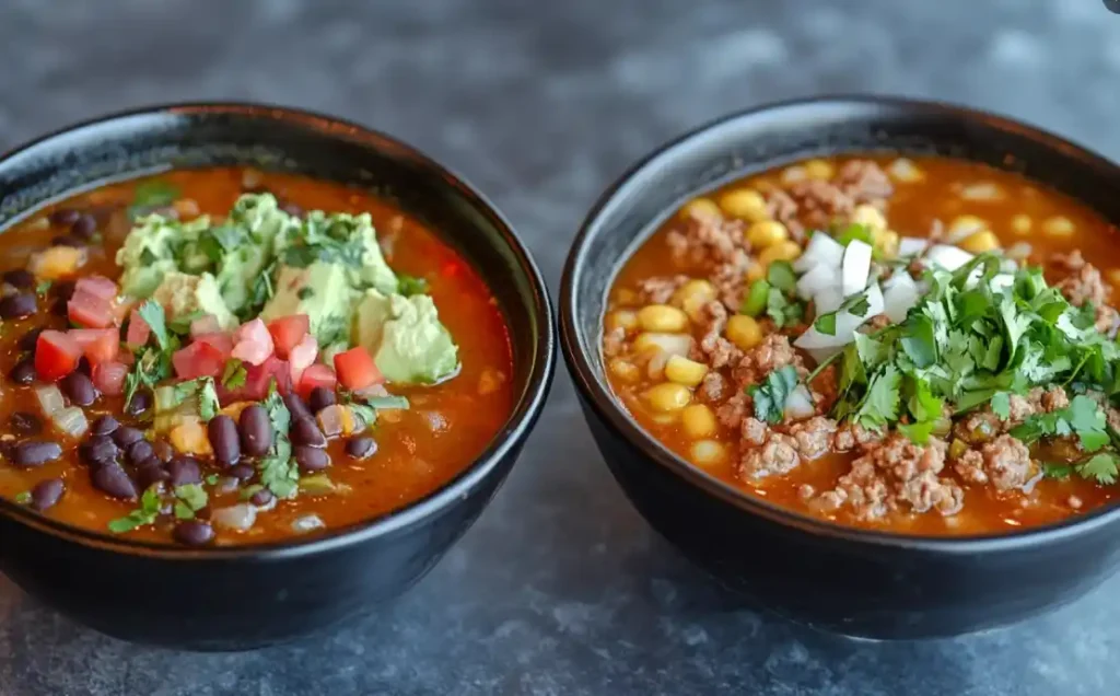 Before and after flavor-boosted taco soup bowls