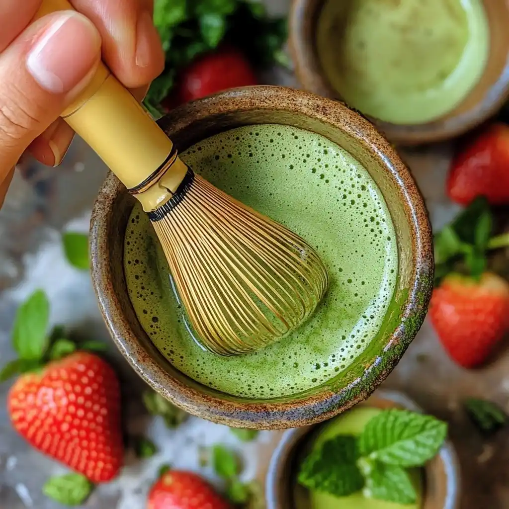 whisking matcha for iced matcha latte