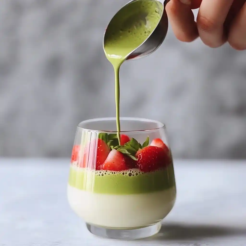 layering iced strawberry matcha latte step-by-step