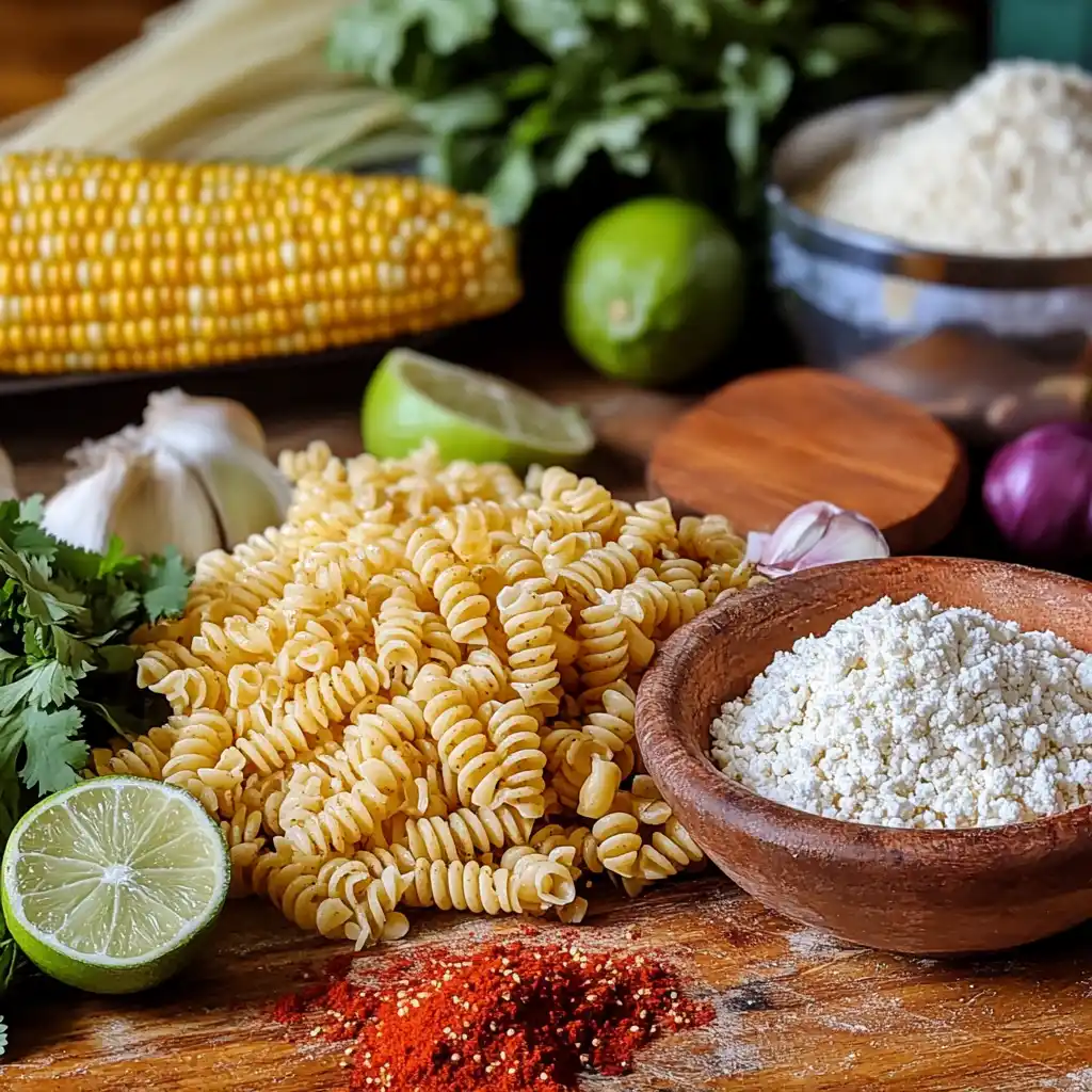 Ingredients for Mexican Street Corn Pasta Salad including grilled corn, pasta, and cotija