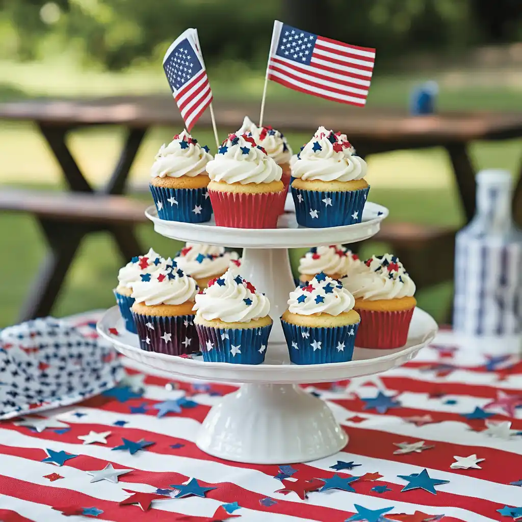 4th of July cupcakes on a decorated dessert table