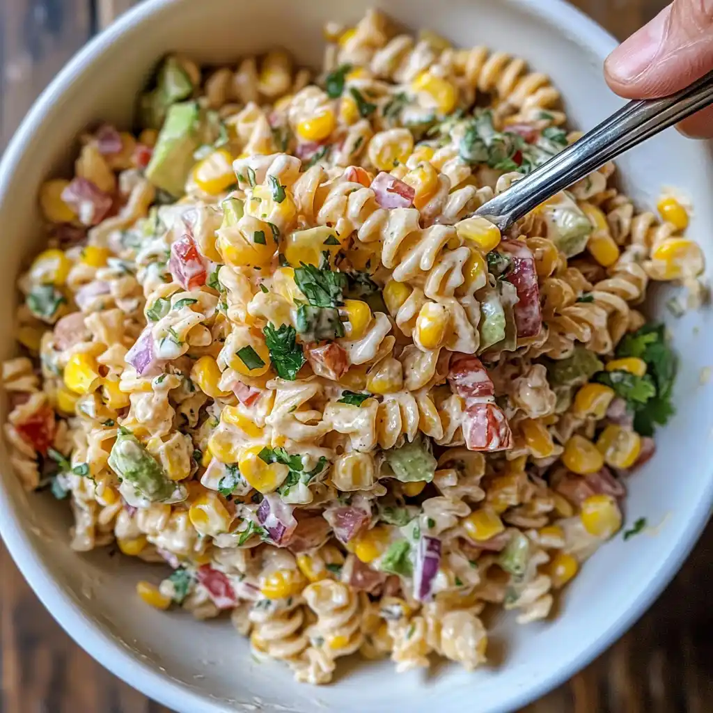 Mixing Mexican Street Corn Pasta Salad in creamy dressing