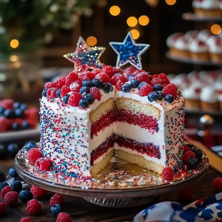 Firecracker red white and blue cake centerpiece with vibrant layers.