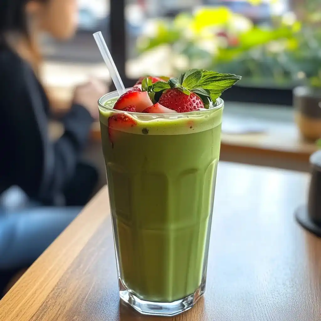 sipping iced strawberry matcha latte from glass with straw