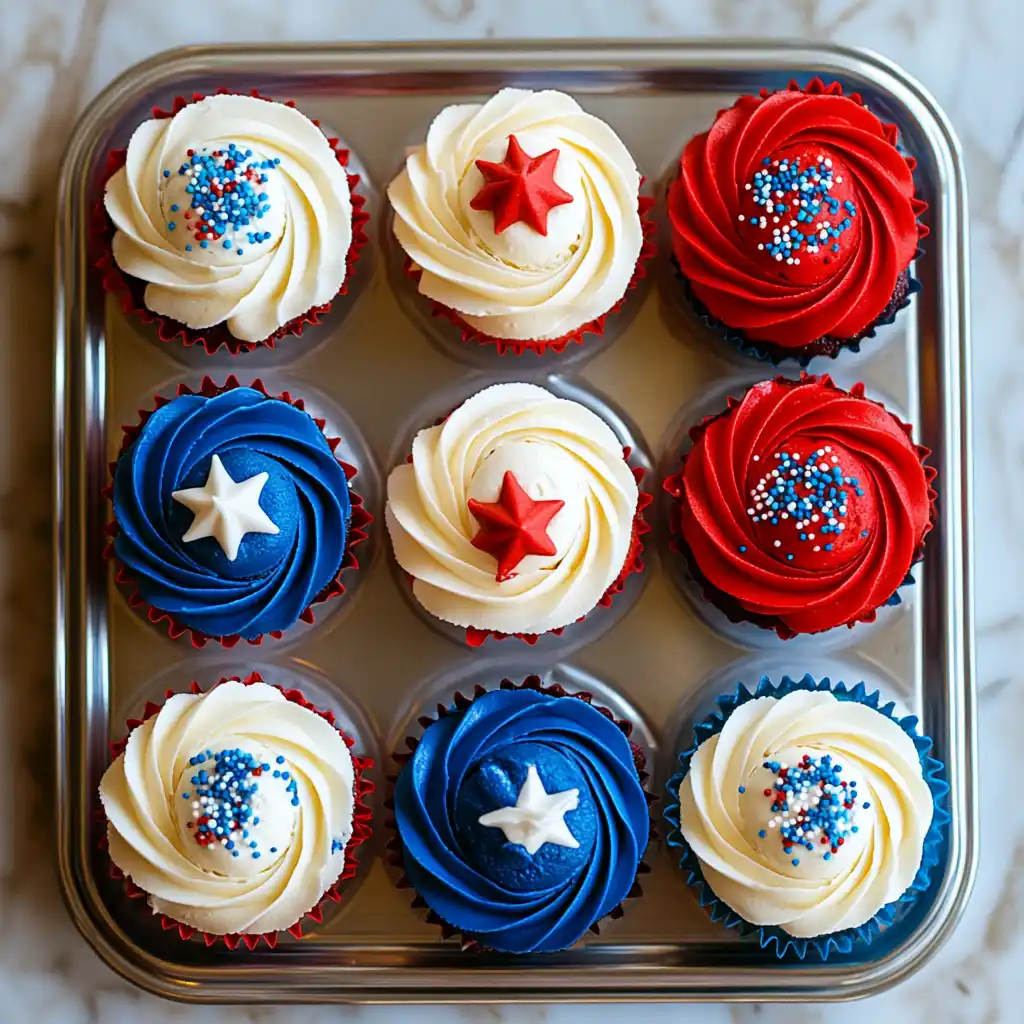 Red white and blue cupcakes in assorted flavors