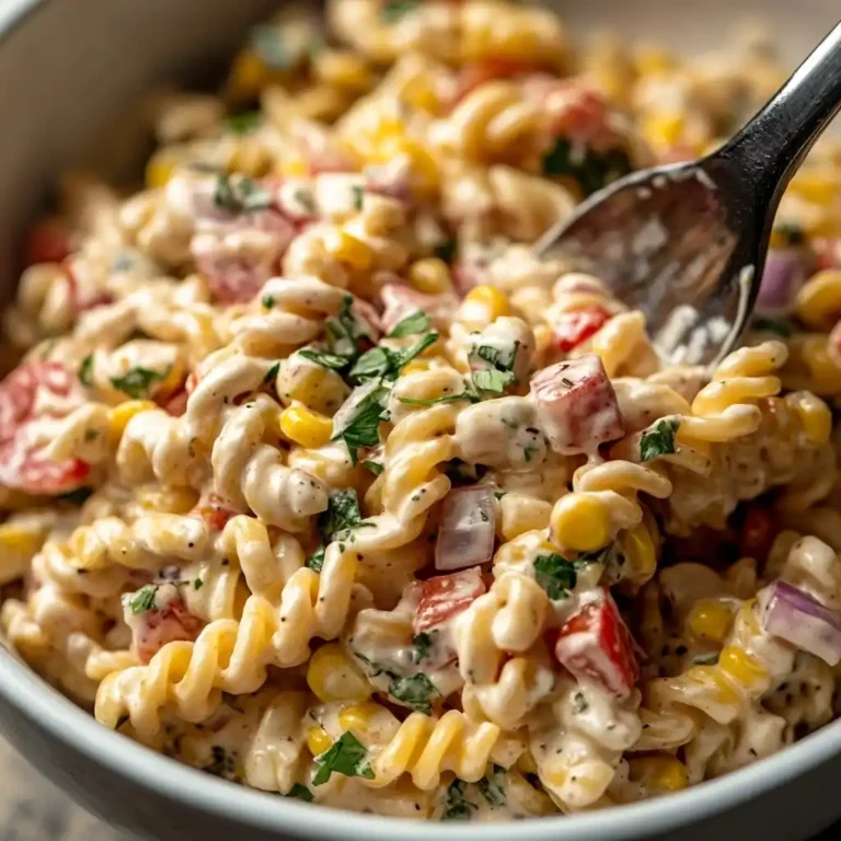 Mixing Mexican Street Corn Pasta Salad in creamy dressing