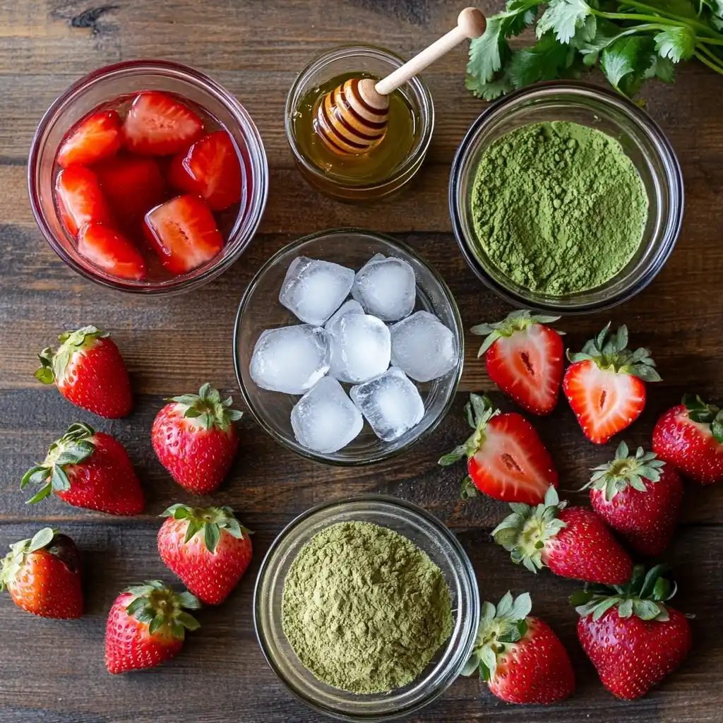 iced strawberry matcha latte ingredients on kitchen table