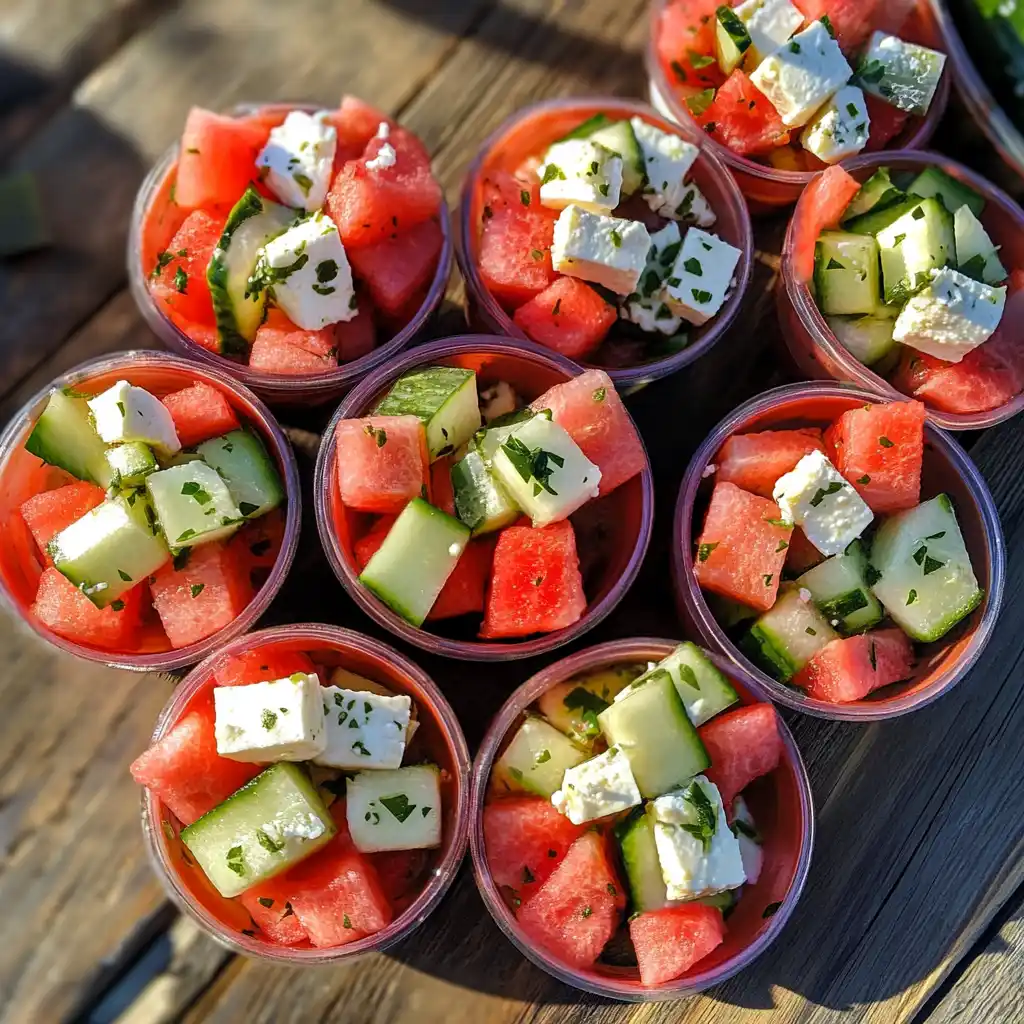 watermelon feta salad served in cups