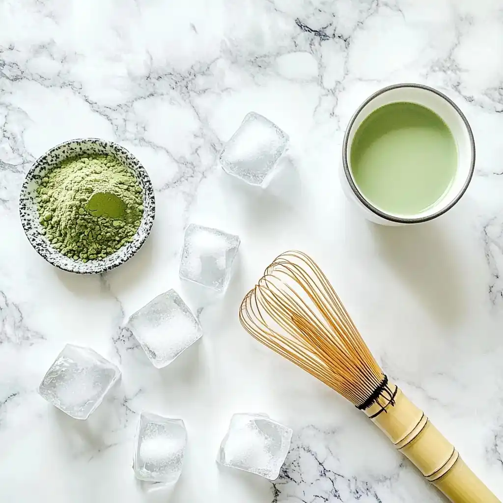 ced matcha latte ingredients flat lay