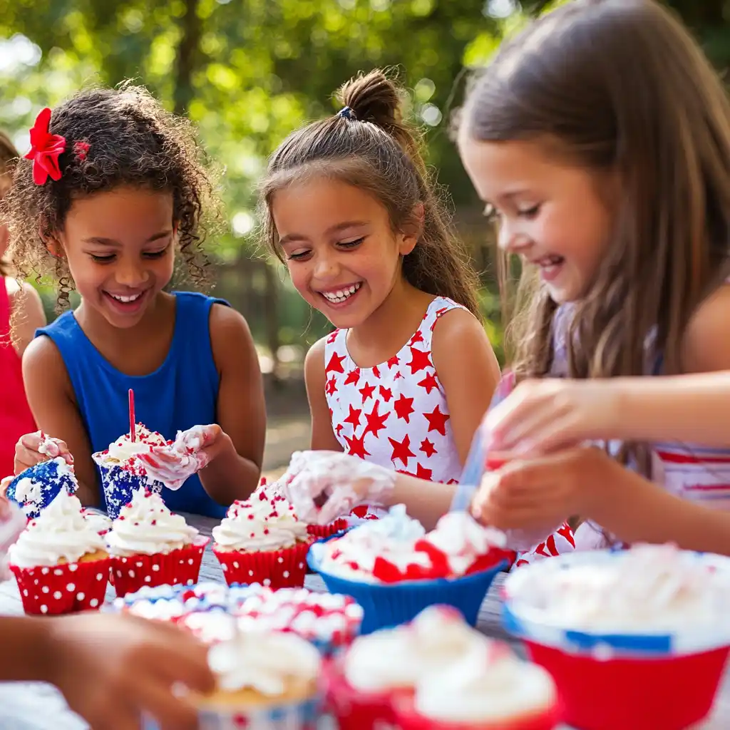 Kids decorating 4th of July cupcakes outdoors