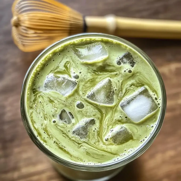 iced matcha latte in clear glass with swirls