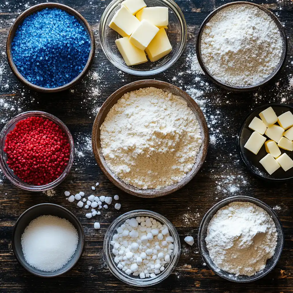 Ingredients for firecracker red white and blue cake on a kitchen counter.
