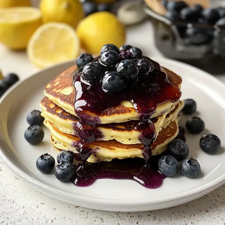 Fluffy lemon pancakes with blueberry maple syrup on a plate