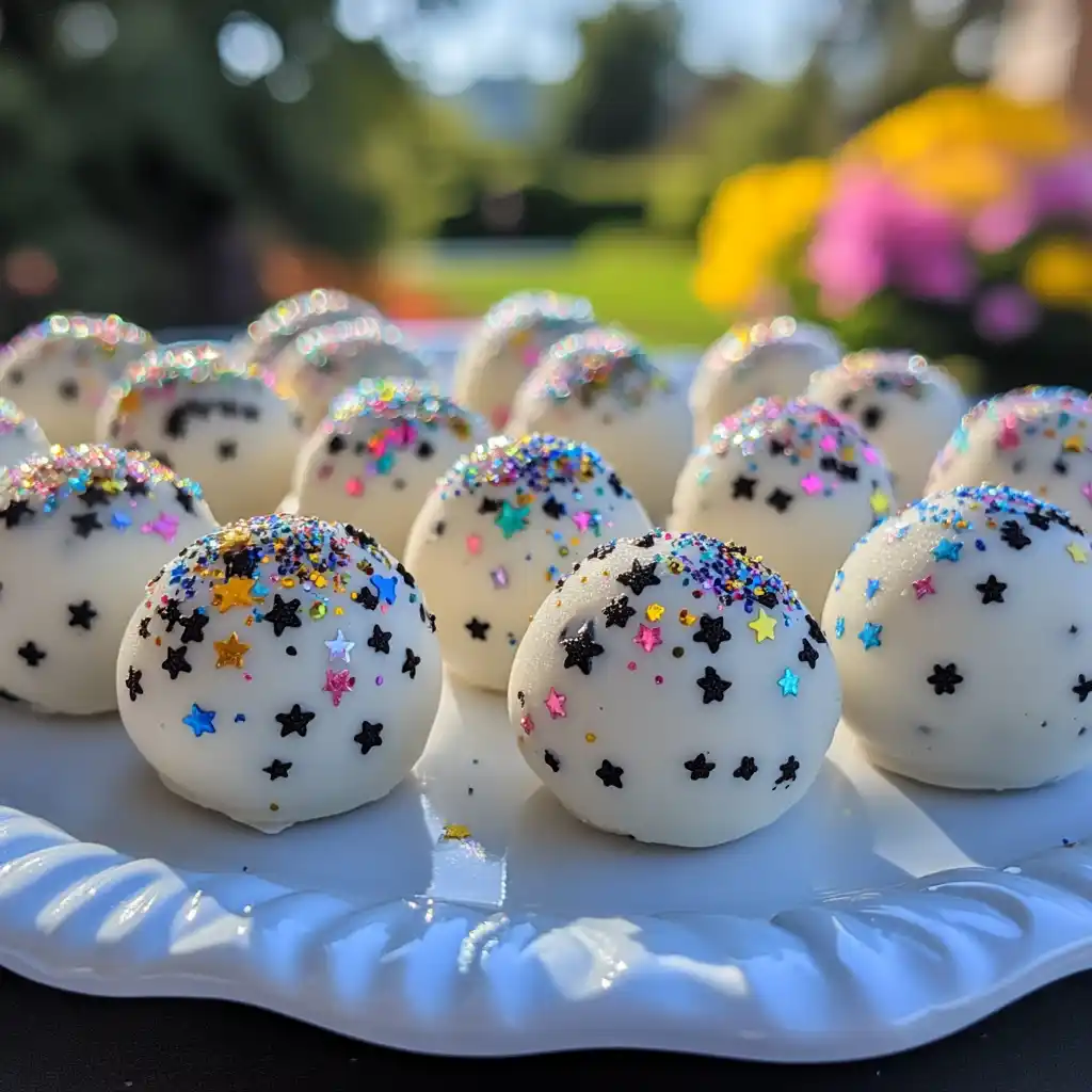Patriotic Oreo Balls with sprinkles and glitter dusting
