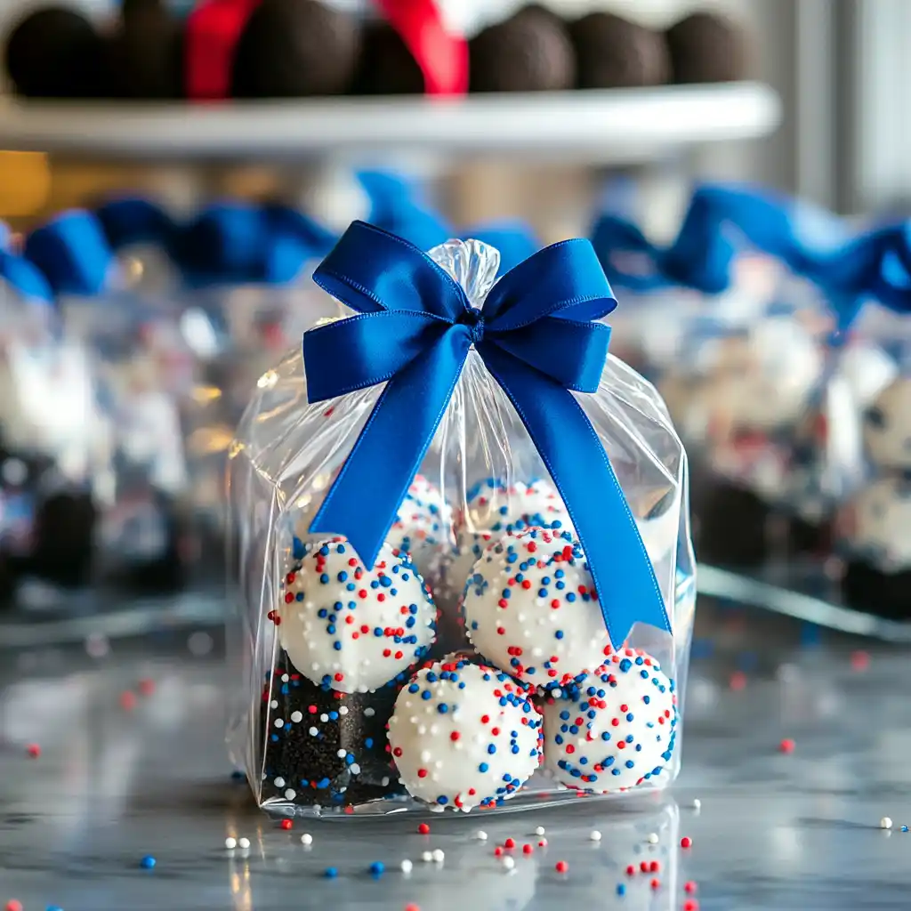 Patriotic Oreo Balls in treat bags with blue ribbon