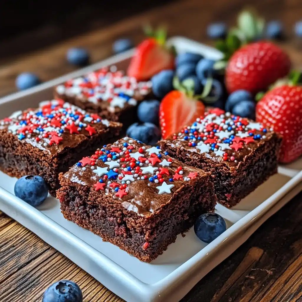 Decorated brownies cut into star shapes with white frosting, blueberries, and red sprinkles arranged in a flag pattern. Natural light, Samsung S24 Ultra.