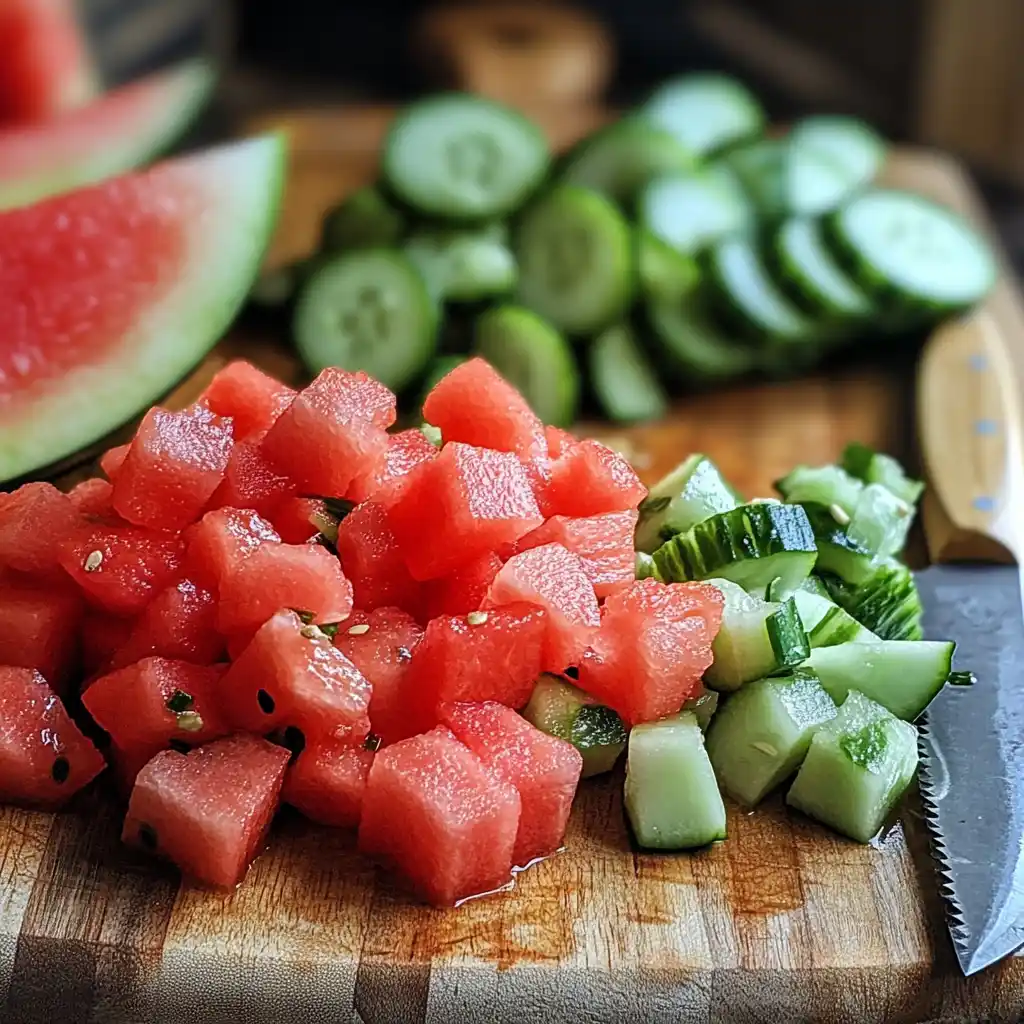 chopped watermelon and cucumber for salad