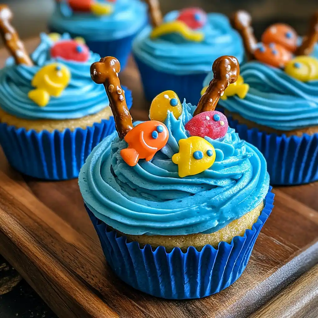 Gone Fishing Cupcakes with candy fish and blue frosting on display