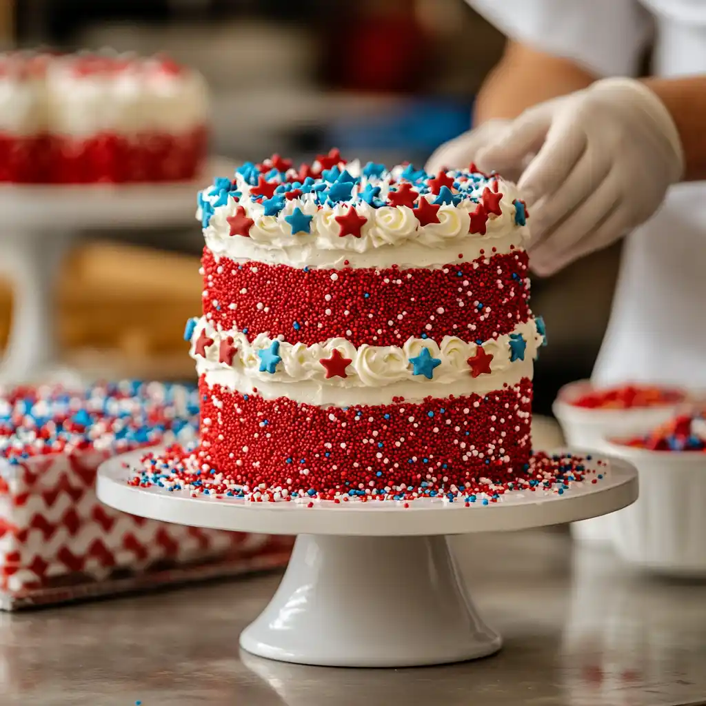 Assembling firecracker red white and blue cake with frosting and sprinkles.