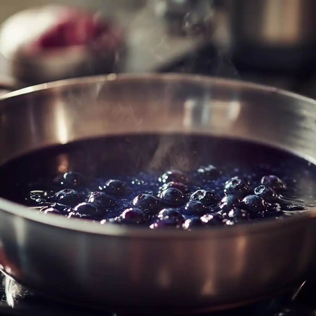Blueberry maple syrup cooking in saucepan