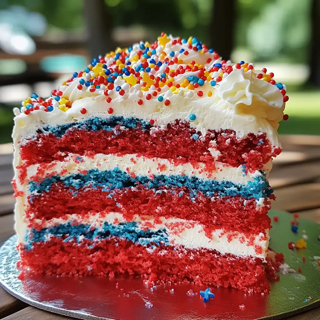 Patriotic Poke Cake with vibrant red, white, and blue layers and festive toppings.