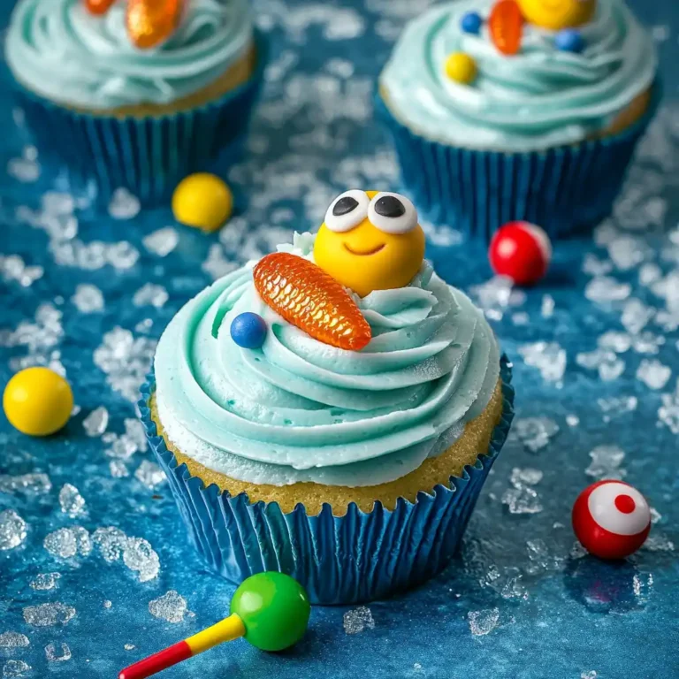 Decorated Gone Fishing Cupcakes with water frosting and candy toppers