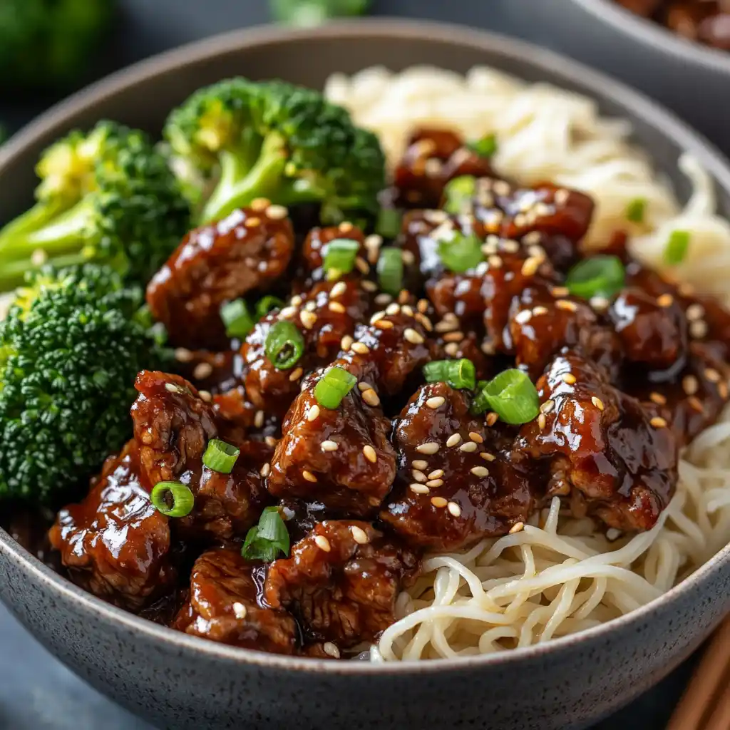 Mongolian Beef bowl with noodles and veggies