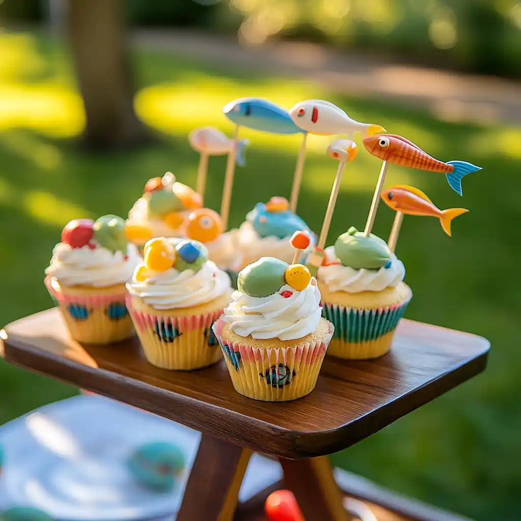 Gone Fishing Cupcakes displayed on themed wooden stand