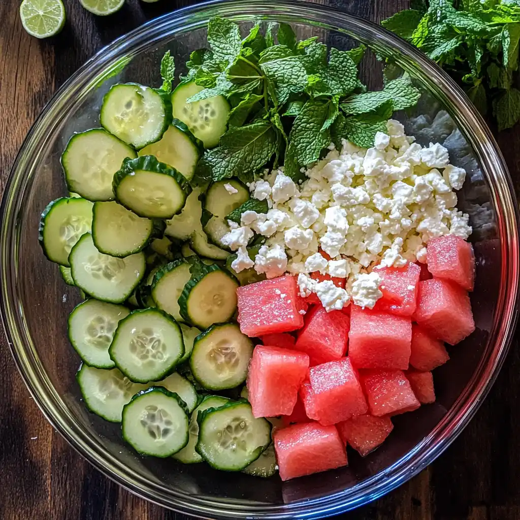 assembling watermelon cucumber feta salad