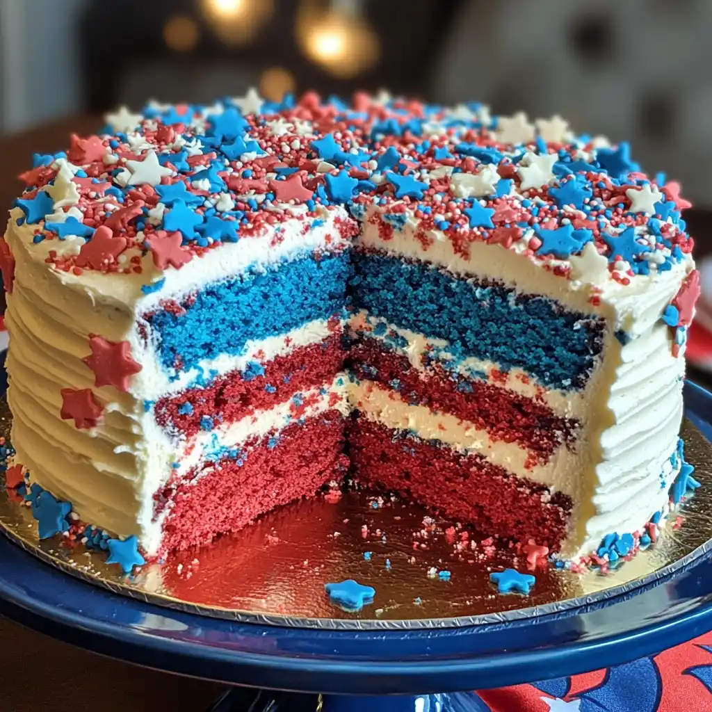 Firecracker red white and blue cake served on a Fourth of July dessert table.