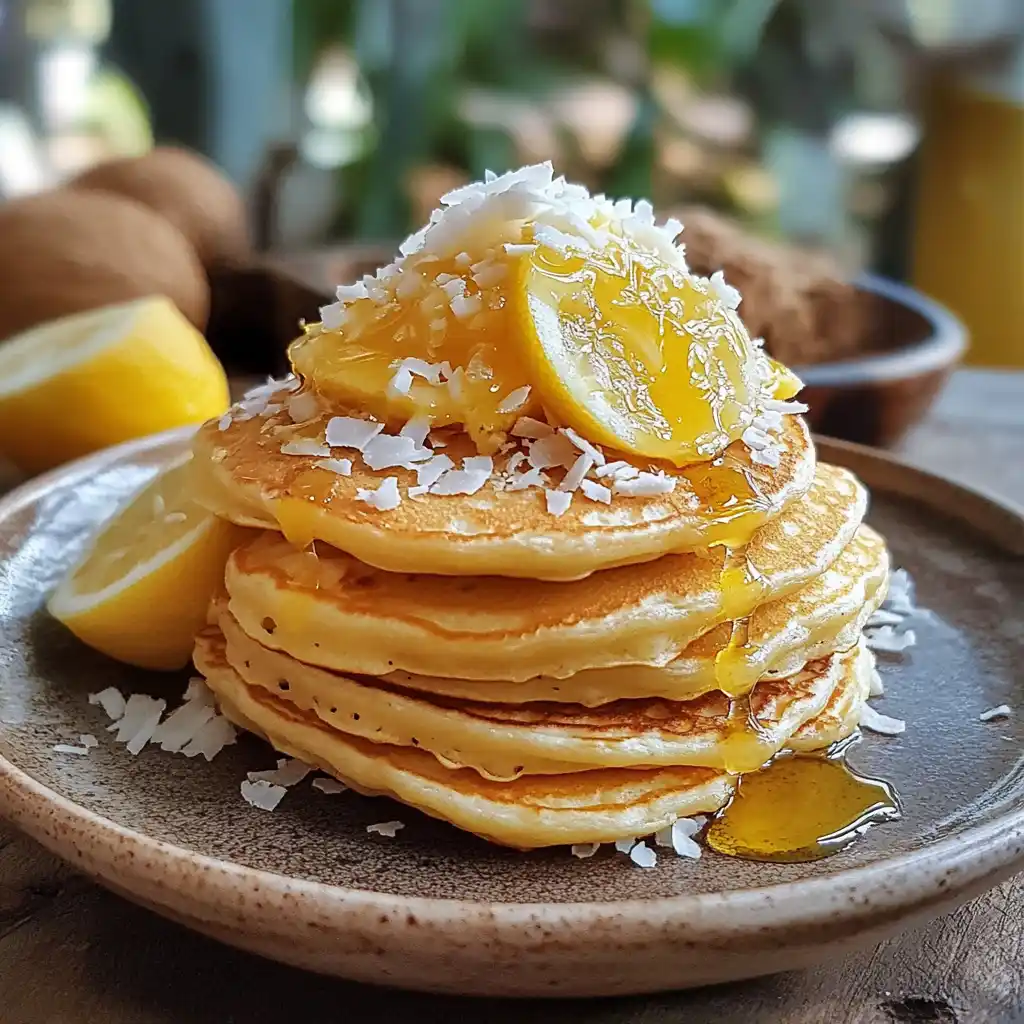 Gluten-free lemon pancakes with coconut topping