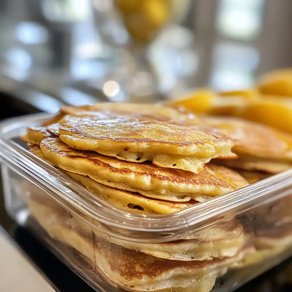 Lemon pancakes in storage container for freezing