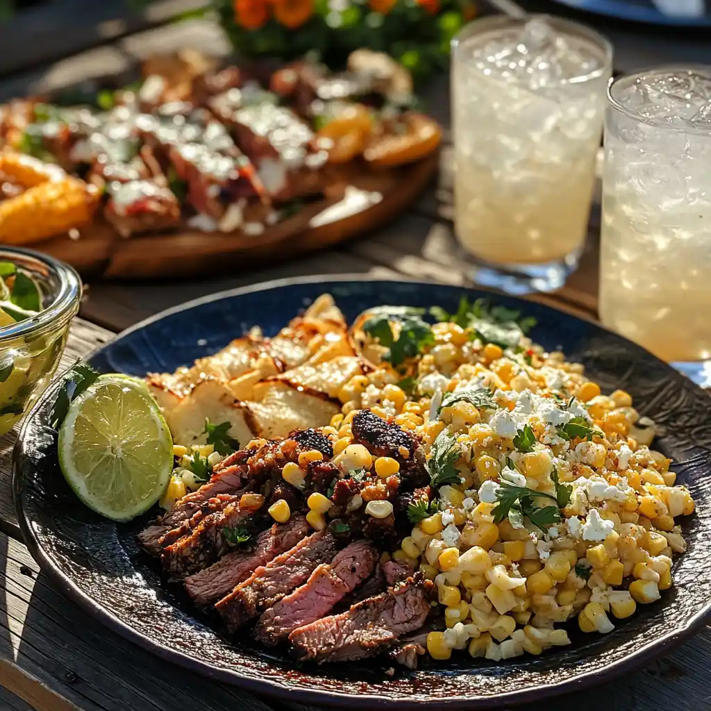 Mexican Street Corn Pasta Salad served with carne asada and margaritas