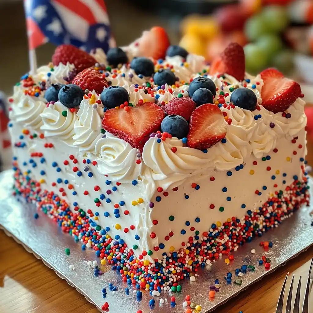 Patriotic Poke Cake with vibrant red, white, and blue layers and festive toppings.