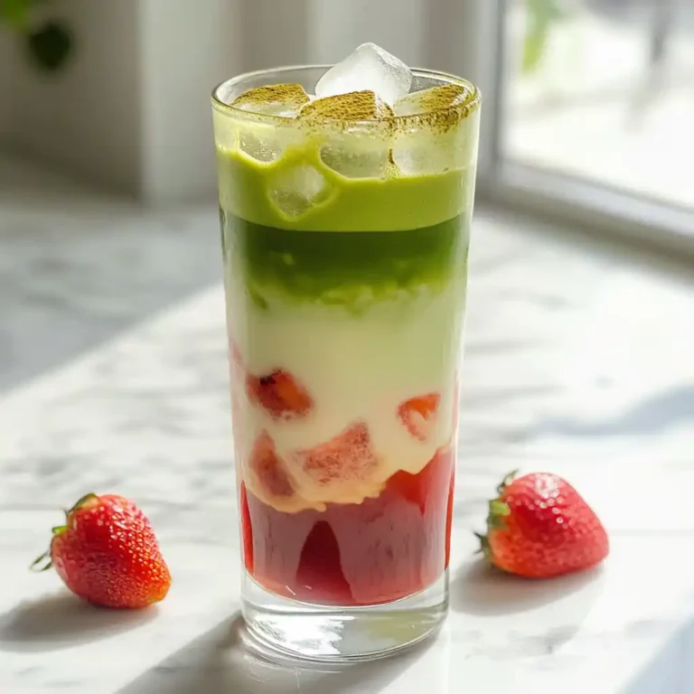 iced strawberry matcha latte in tall glass on marble counter
